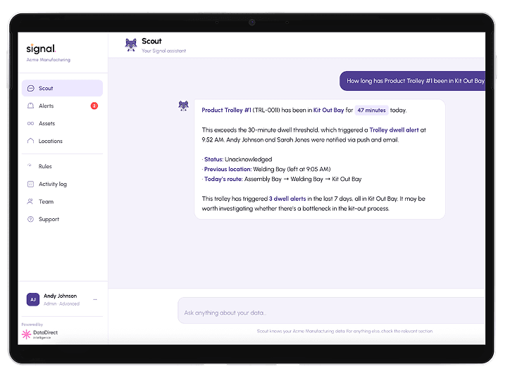 Signal's Swift AI assistant answering a plain-English question about a tracked asset's location and dwell-time alerts