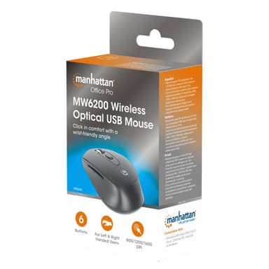Manhattan MW6020 Wireless Mouse, Black, Adjustable 800/1200/1600dpi via top-mount push-button control, 2.4Ghz (effective range up to 10m), USB, Optical, Ambidextrous, Six Button with Scroll Wheel, USB-A nano receiver, AA battery (included) view 8