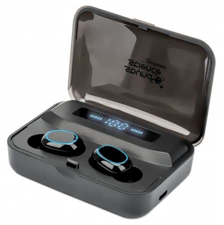 Manhattan Bluetooth In-Ear Headphones, Black, Microphone, Integrated Controls, Sweatproof, Noise Isolating, 5 hour usage time, Max Range 10m, Charging Case with Powerbank (1200mAh), Bluetooth v5.0, USB-A charging cable included, 3 Year Warranty