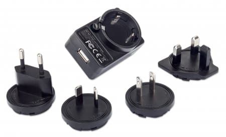 Manhattan Mains USB-A Mobile Device Charger with UK/EU/USA adaptors, Smartphone Charger, Mains Adaptor interchangeable, Three Year Warranty, Black