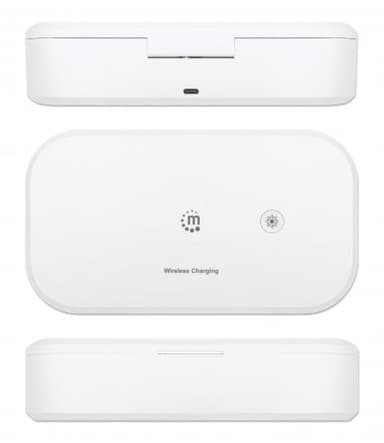 Manhattan UV Phone Sanitizer with Wireless Charger, 10 W Wireless Charging Pad, Integrated UV LEDs to eliminate germs, viruses and bacteria, Quick 1-minute or 5-minute cleaning cycle, Auto-off UV light when opened, White, 3 Year Warranty view 6