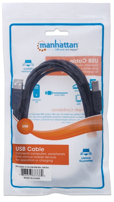 Manhattan USB-A to USB-B Cable, 3m, Male to Male, 480 Mbps (USB 2.0), Hi-Speed USB, Black, Lifetime Warranty, Equivalent to USB2HAB3M. view 4