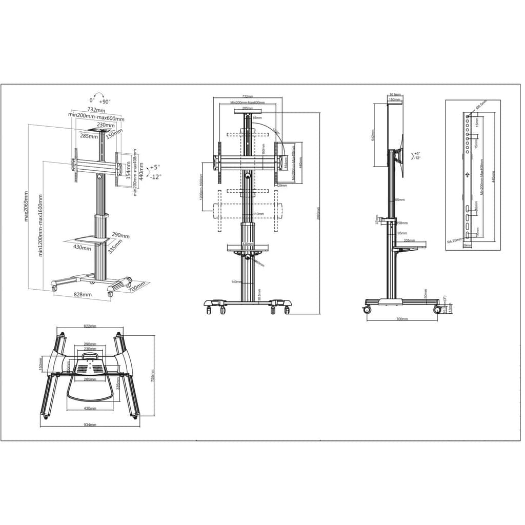 Manhattan Trolley Mount Stand for TV & Monitors, For screens 37" to 65", VESA compatibility: all between 200x200 to 600x400mm - check the dimensions of the four mounting holes on back of screen to ensure it fits, Max 50kg, Silver, LFD, Bracket, Lifetime Warranty