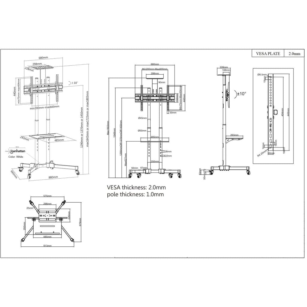 Manhattan Trolley Mount Stand for TV & Monitors, For screens 37" to 65", VESA compatibility: all between 200x200 to 600x400mm - check the dimensions of the four mounting holes on back of screen to ensure it fits, Max 40kg, Black, LFD, Bracket, Lifetime Warranty