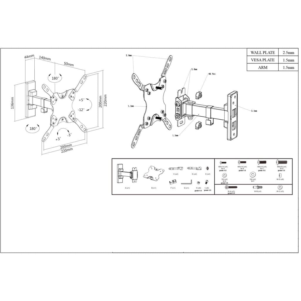 Manhattan Wall Mount for TV & Monitors (Tilt and Swivel 2 pivots), For screens 13" to 42", VESA compatibility: all between 75x75mm to 200x200mm - check the dimensions of the four mounting holes on back of screen to ensure it fits, Max 20kg, Bracket