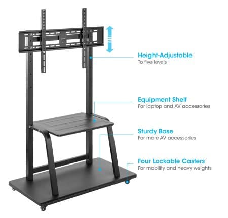 Manhattan Trolley Mount Stand for TV & Monitors, For screens 37" to 100", VESA compatibility: all between 200x200 to 800x600mm - check the dimensions of the four mounting holes on back of screen to ensure it fits, Max 150kg, Height-adjustable to four levels,Bracket