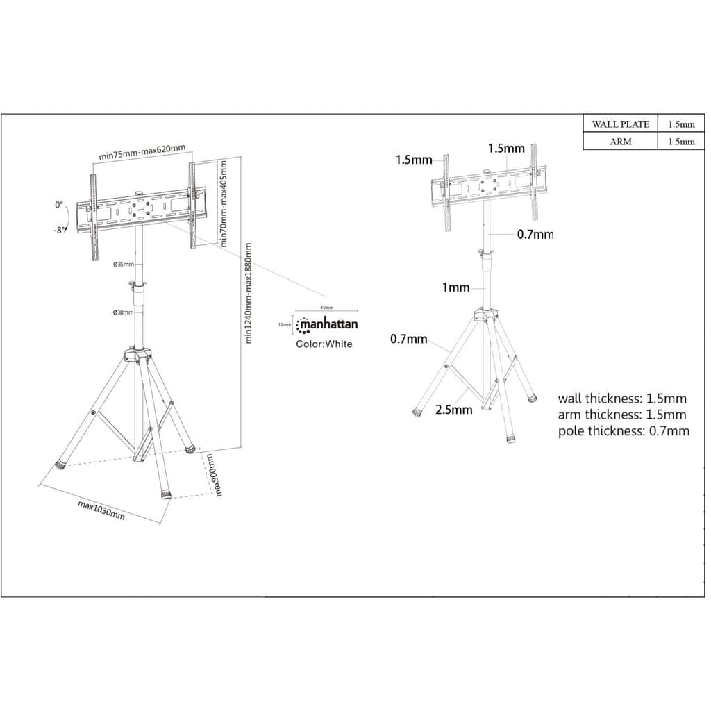 Manhattan Tripod Floor Mount for TV & Monitors, Stand Assembly, For screens: 37" to 65", VESA compatibility: all between 200x200 to 600x400mm - check the dimensions of the four mounting holes on back of screen to ensure it fits, Max 35kg, Black, LFD, Bracket
