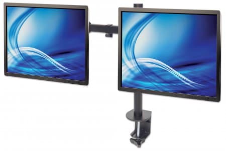 Manhattan Dual Desk Mount for TV & Monitors (Full Motion), For screens 10" to 27", Clamp Assembly, VESA compatibility: 75x75 and 100x100mm - check the dimensions of the four mounting holes on back of screen to ensure it fits, Max 8kg (each), Black, Bracket