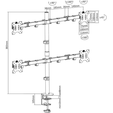 Manhattan Quad Desk Mount for TV & Monitors, For screens 10" to 27", Stand or Clamp Assembly, VESA compatibility: 75x75 and 100x100mm - check the dimensions of the four mounting holes on back of screen to ensure it fits, Max 8kg (each), Black, Bracket view 6