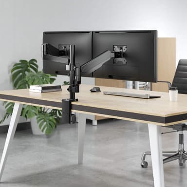 Manhattan Dual Desk Mount for TV & Monitors (Full Motion Gas Spring), For screens 10" to 27", Clamp or Grommet Assembly, VESA compatibility: 75x75 and 100x100mm - check the dimensions of the four mounting holes on back of screen to ensure it fits, Max 8kg (each) view 8
