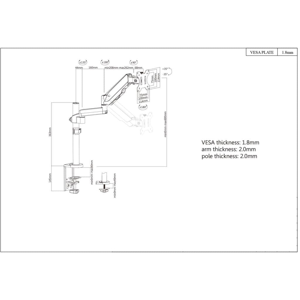 Manhattan Desk Mount for TV & Monitors (Full Motion Gas Spring), For screens 13" to 27", Clamp or Grommet Assembly, VESA compatibility: 75x75mm and 100x100mm - check the dimensions of the four mounting holes on back of screen to ensure it fits, Max 8kg, Bracket
