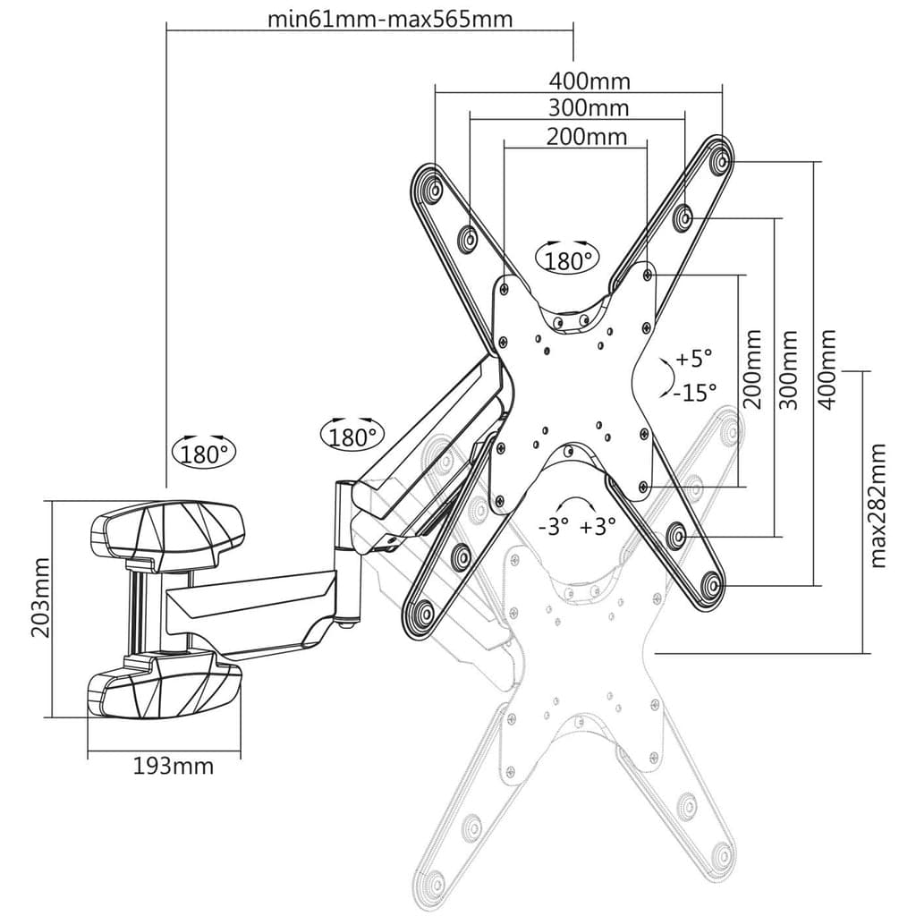 Manhattan Wall Mount for TV & Monitors (Spring Arm 3 pivots), For screens 17" to 55", VESA compatibility: all between 75x75mm to 400x400mm - check the dimensions of the four mounting holes on back of screen to ensure it fits, Max 30kg, Black, Bracket