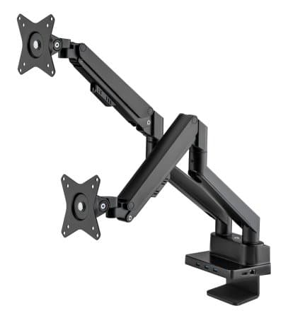 Manhattan Dual Desk Mount for TV & Monitors (Full Motion Gas Spring) with built-in Dock, For screens to 27", Ports (x7): Ethernet,HDMI (x2),USB-A (x3) and USB-C,Power Delivery (100W) to USB-C Port (Separate USB-C wall charger/cable needed),VESA: 75x75 and 100x100mm
