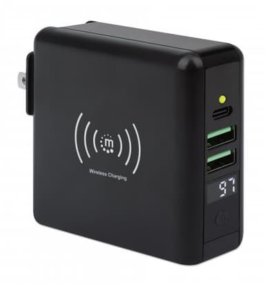 Manhattan 4-in-1 Travel Wall Charger and Powerbank 8,000 mAh, USA/UK/Euro 2-pin Plugs, Output: 1x USB-C, 2x USB-A ports and Wireless Charging Pad (5W), Black, One Year Warranty view 3