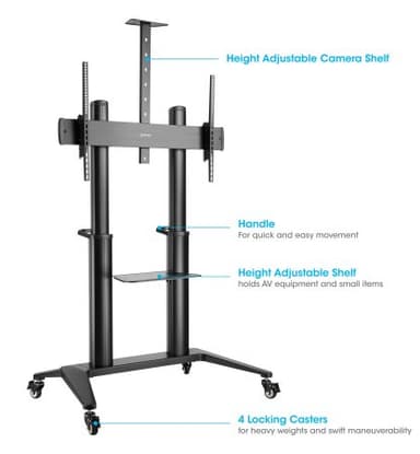 Manhattan Trolley Mount Stand for TV & Monitors, For screens: 70" to 120", VESA compatibility: all between 200x200 to 1000x600mm - check the dimensions of the four mounting holes on back of screen to ensure it fits, Max 140kg, Height adjustable 1250 to 1600mm, LFD view 5