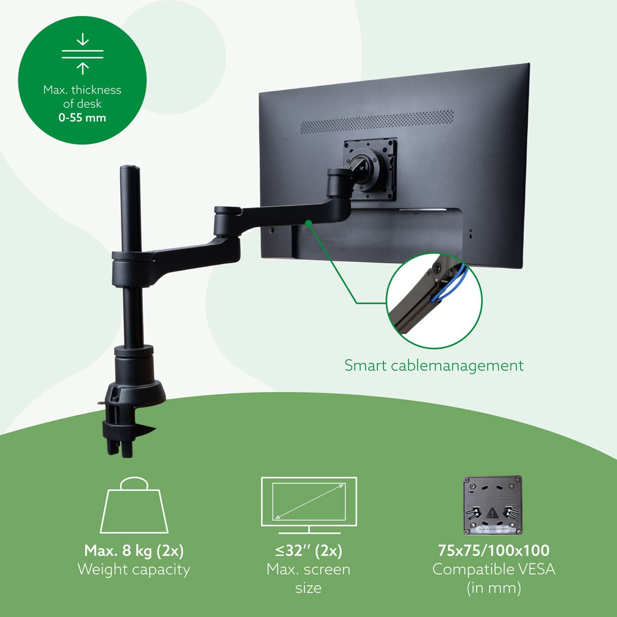 R-Go Tools Monitor arm R-Go Zepher Dual, for two monitors, fully adjustable, 0- 8 kg load capacity, 100% circular, black