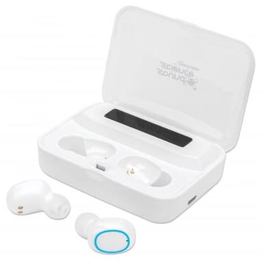 Manhattan Bluetooth Earphones, White, Microphone, Integrated Controls, Sweatproof, Noise Isolating, 5 hour usage time, Max Range 10m, Charging Case with Powerbank (1200mAh), Bluetooth v5.0, USB-A charging cable included, 3 Year Warranty view 5