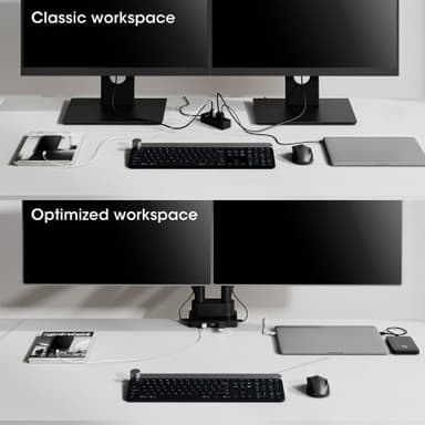 Manhattan Dual Desk Mount for TV & Monitors (Full Motion Gas Spring) with built-in Dock, For screens to 27", Ports (x7): Ethernet,HDMI (x2),USB-A (x3) and USB-C,Power Delivery (100W) to USB-C Port (Separate USB-C wall charger/cable needed),VESA: 75x75 and 100x100mm view 6