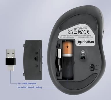 Manhattan Ergonomic Wireless Mouse, Right Handed, Adjustable 800/1200/1600dpi, 2.4Ghz (up to 10m), Six Button with Scroll Wheel, Combo USB=A and USB-C receiver, Black, AA battery (included), Three Year Warranty view 7
