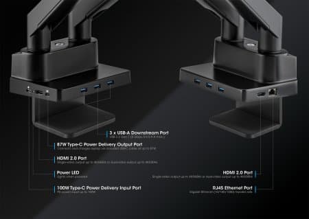 Manhattan Dual Desk Mount for TV & Monitors (Full Motion Gas Spring) with built-in Dock, For screens to 27", Ports (x7): Ethernet,HDMI (x2),USB-A (x3) and USB-C,Power Delivery (100W) to USB-C Port (Separate USB-C wall charger/cable needed),VESA: 75x75 and 100x100mm