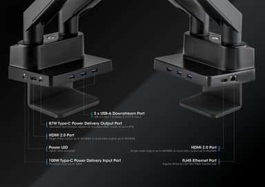 Manhattan Dual Desk Mount for TV & Monitors (Full Motion Gas Spring) with built-in Dock, For screens to 27", Ports (x7): Ethernet,HDMI (x2),USB-A (x3) and USB-C,Power Delivery (100W) to USB-C Port (Separate USB-C wall charger/cable needed),VESA: 75x75 and 100x100mm view 7