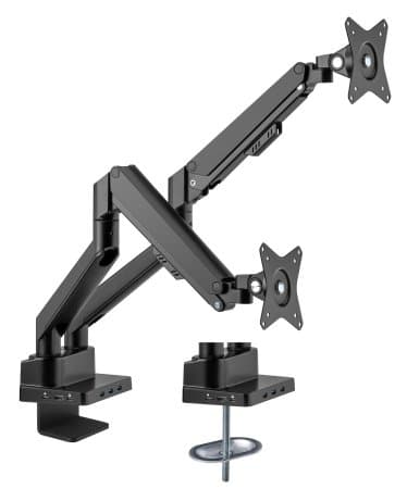 Manhattan Dual Desk Mount for TV & Monitors (Full Motion Gas Spring) with built-in Dock, For screens to 27", Ports (x7): Ethernet,HDMI (x2),USB-A (x3) and USB-C,Power Delivery (100W) to USB-C Port (Separate USB-C wall charger/cable needed),VESA: 75x75 and 100x100mm view 4
