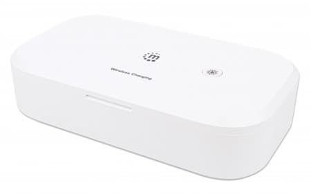 Manhattan UV Phone Sanitizer with Wireless Charger, 10 W Wireless Charging Pad, Integrated UV LEDs to eliminate germs, viruses and bacteria, Quick 1-minute or 5-minute cleaning cycle, Auto-off UV light when opened, White, 3 Year Warranty