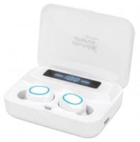 Manhattan Bluetooth Earphones, White, Microphone, Integrated Controls, Sweatproof, Noise Isolating, 5 hour usage time, Max Range 10m, Charging Case with Powerbank (1200mAh), Bluetooth v5.0, USB-A charging cable included, 3 Year Warranty