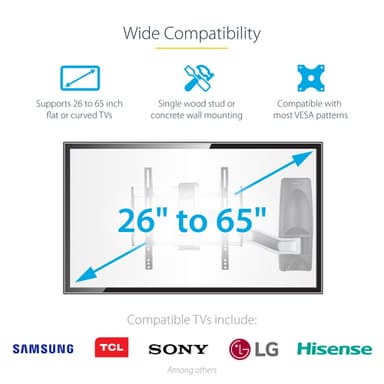 StarTech.com Articulating TV Wall Mount, VESA Wall Mount, Supports 26 to 65 inch/99lb/Flat/Curved TVs, Retractable Low Profile Wall Mount TV Bracket, Adjustable Corner TV Wall Mount - TAA view 14