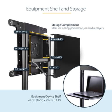 StarTech.com Mobile TV Cart - Portable Rolling TV Stand for 37-70" VESA Display (154lb/70kg) - TV Stand w/Shelf & Storage Compartment - Rotate/Tilt Display - Universal TV Mount on Wheels view 10