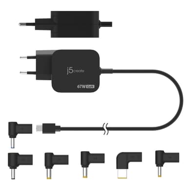 j5create JUP1565DC 67W GaN PD USB-C® Mini Charger with 6 Types of DC Connector-EU, Black view 3