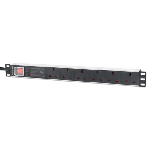 Intellinet 19" 1U PDU 6-way UK, With switch and Surge Protection, Rackmount, Power Distribution Unit, UK 3-pin outlets, 3m power cord, output