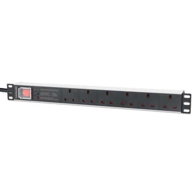 Intellinet 19" 1U PDU 6-way UK, With switch and Surge Protection, Rackmount, Power Distribution Unit, UK 3-pin outlets, 3m power cord, output view 1