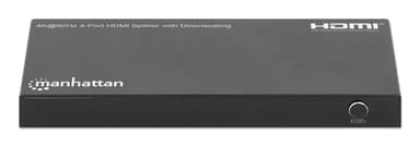 Manhattan HDMI Splitter with downscaling 4-Port , 4K@60Hz, Displays output from x1 HDMI source to x4 HD displays (same output to four displays), Downscale button to adjust a 4K input signal into 1080p, Micro-USB to USB-A power cable included (cable 0.8m), Black view 3