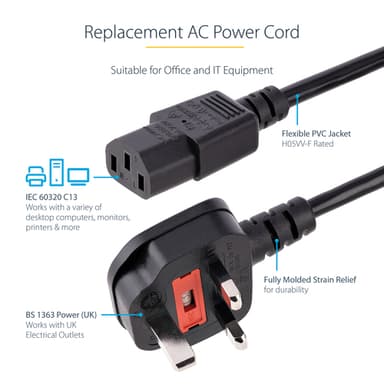 StarTech.com 10ft (3m) UK Computer Power Cable, 18AWG, BS 1363 to C13, 10A 250V, Black Replacement AC Power Cord, Kettle Lead / UK Power Cord, PC Power Supply Cable, TV/Monitor Power Cable view 6