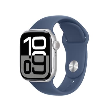 Apple Watch Series 10 GPS + Cellular 42mm Silver Aluminium Case with Denim Sport Band - M/L view 1