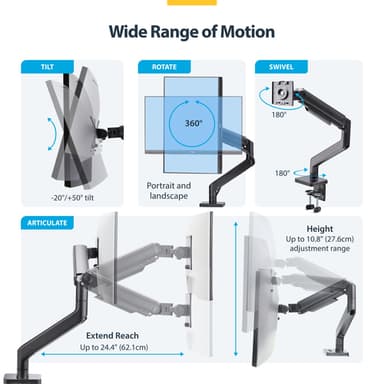 StarTech.com Monitor Desk Mount for up to 49in 32:9 Ultrawide Curved Screens, Mechanical Spring Arm, C-Clamp/Grommet, Tool-Less Adjustment, Max 44lb/20kg view 12