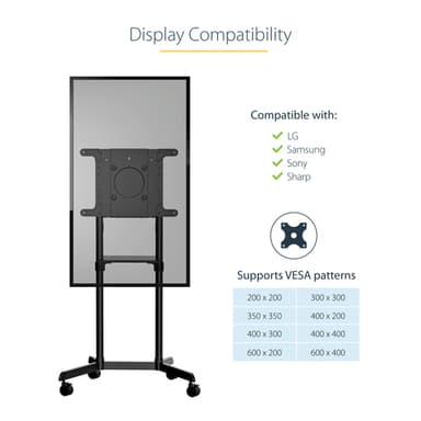 StarTech.com Mobile TV Cart - Portable Rolling TV Stand for 37-70" VESA Display (154lb/70kg) - TV Stand w/Shelf & Storage Compartment - Rotate/Tilt Display - Universal TV Mount on Wheels view 11