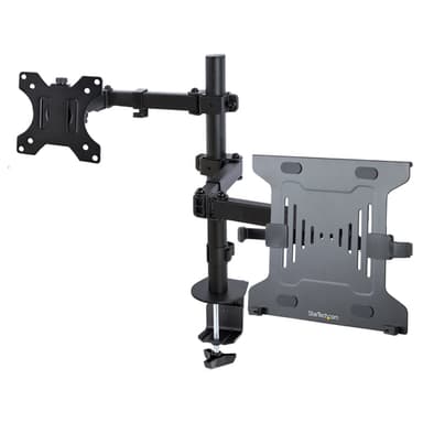 StarTech.com Monitor Arm with VESA Laptop Tray, For a Laptop (4.5kg/9.9lb) and a Single Display up to 32" (17.6lb/8kg), Black, Vented Tray, Adjustable Laptop Arm Mount, C-clamp/Grommet Mount view 1