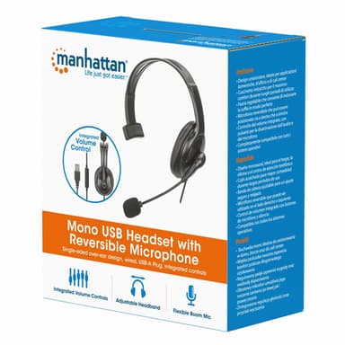 Manhattan Mono Over-Ear Headset (USB), Reversible Microphone Boom (padded), Retail Box Packaging, In-Line Volume/Mute Control, Padded Ear Cushion, USB-A for both sound and mic use, cable 2m, Three Year Warranty view 7