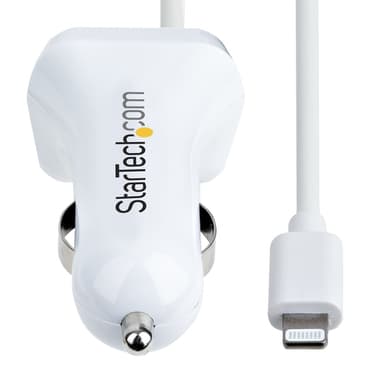 StarTech.com Lightning Car Charger with Coiled Cable, 1m Coiled Lightning Cable, 12W, White, 2 Port USB Car Charger Adapter for Phones and Tablets, Dual USB In Car iPhone Charger view 3
