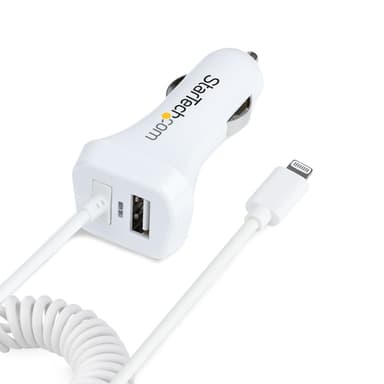 StarTech.com Lightning Car Charger with Coiled Cable, 1m Coiled Lightning Cable, 12W, White, 2 Port USB Car Charger Adapter for Phones and Tablets, Dual USB In Car iPhone Charger view 2