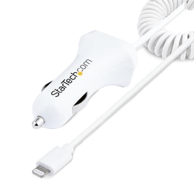 StarTech.com Lightning Car Charger with Coiled Cable, 1m Coiled Lightning Cable, 12W, White, 2 Port USB Car Charger Adapter for Phones and Tablets, Dual USB In Car iPhone Charger view 1