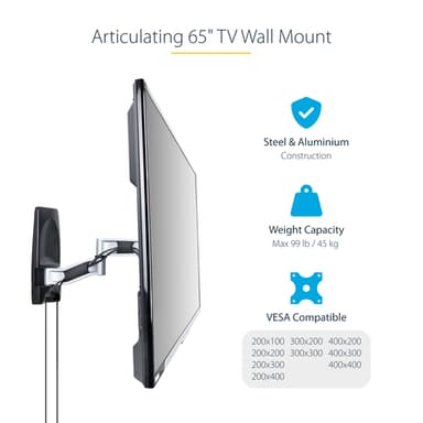 StarTech.com Articulating TV Wall Mount, VESA Wall Mount, Supports 26 to 65 inch/99lb/Flat/Curved TVs, Retractable Low Profile Wall Mount TV Bracket, Adjustable Corner TV Wall Mount - TAA view 10