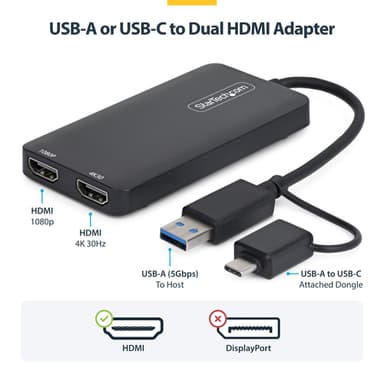 StarTech.com USB to Dual HDMI Adapter, USB A/C to 2x HDMI Displays (1x 4K30Hz, 1x 1080p), Integrated USB-A to C Dongle, 4in/11cm Cable, USB 3.0 to HDMI Display Adapter, Windows & macOS view 10