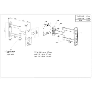 Manhattan Wall Mount for TV & Monitors (Full Motion), For screens 13" to 27", VESA compatibility: 75x75mm and 100x100mm - check the dimensions of the four mounting holes on back of screen to ensure it fits, Max 20kg, Black, Bracket view 6