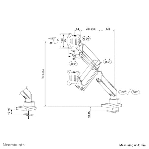 Neomounts DS70-450WH1 Monitor arm 17-42" - gas spring - Topfix - 180°-stop