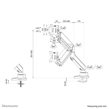 Neomounts DS70-450WH1 Monitor arm 17-42" - gas spring - Topfix - 180°-stop view 20