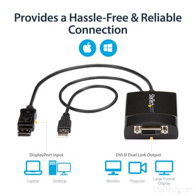 StarTech.com DisplayPort to DVI Dual Link Active Adapter - DisplayPort to DVI-D Adapter Video Converter 2560x1600 60Hz - DP 1.2 to DVI Monitor - USB Powered - Latching DP Connector view 10