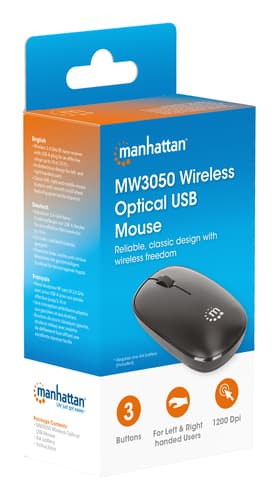 Manhattan MW3050 Wireless Optical Mouse, Black, 1200dpi, 2.4Ghz (up to 10m), USB, Ambidextrous, Three Button with Scroll Wheel, USB-A nano receiver, AA battery (included), Low friction base, USB version (most popular type, which is USB-A), Three Year Warranty view 9